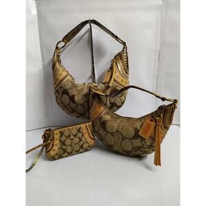 Coach Set of 3 Bags - Soho Brown Signature Canvas Stitched Grommet Studded Hobo